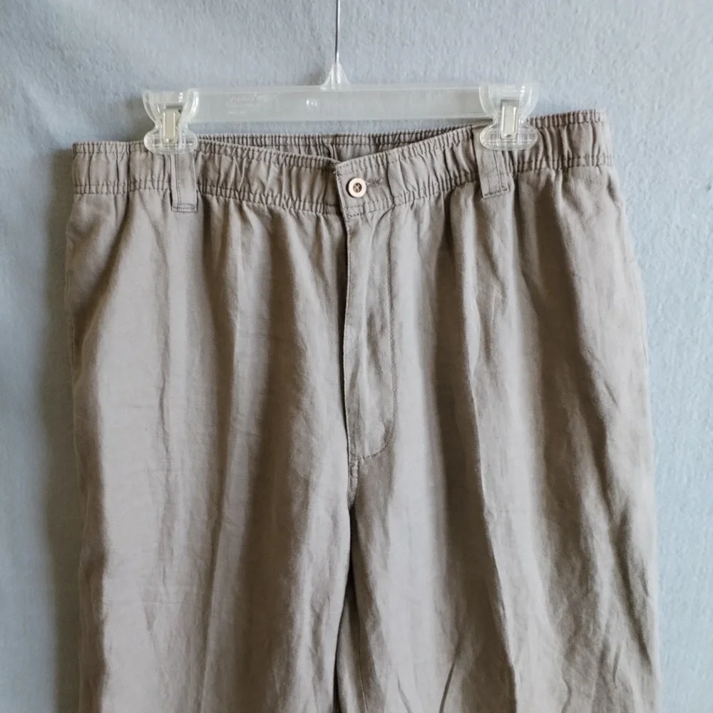 Caribbean Mens Linen Pants 36x32 (Fits 34x32) Tan Beige Elastic Waist Flat Front